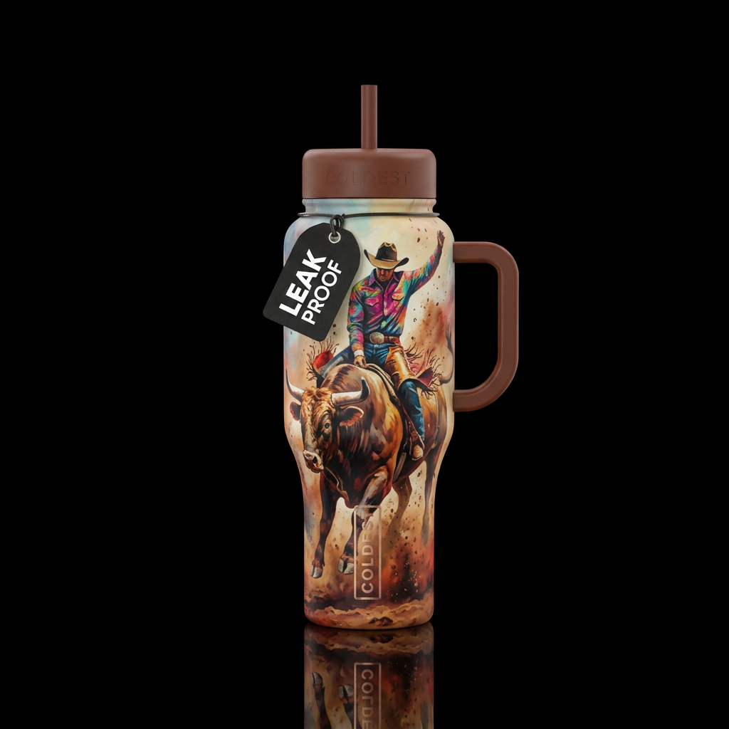 Cowboy riding a bucking bull with dirt flying in t... water bottle design