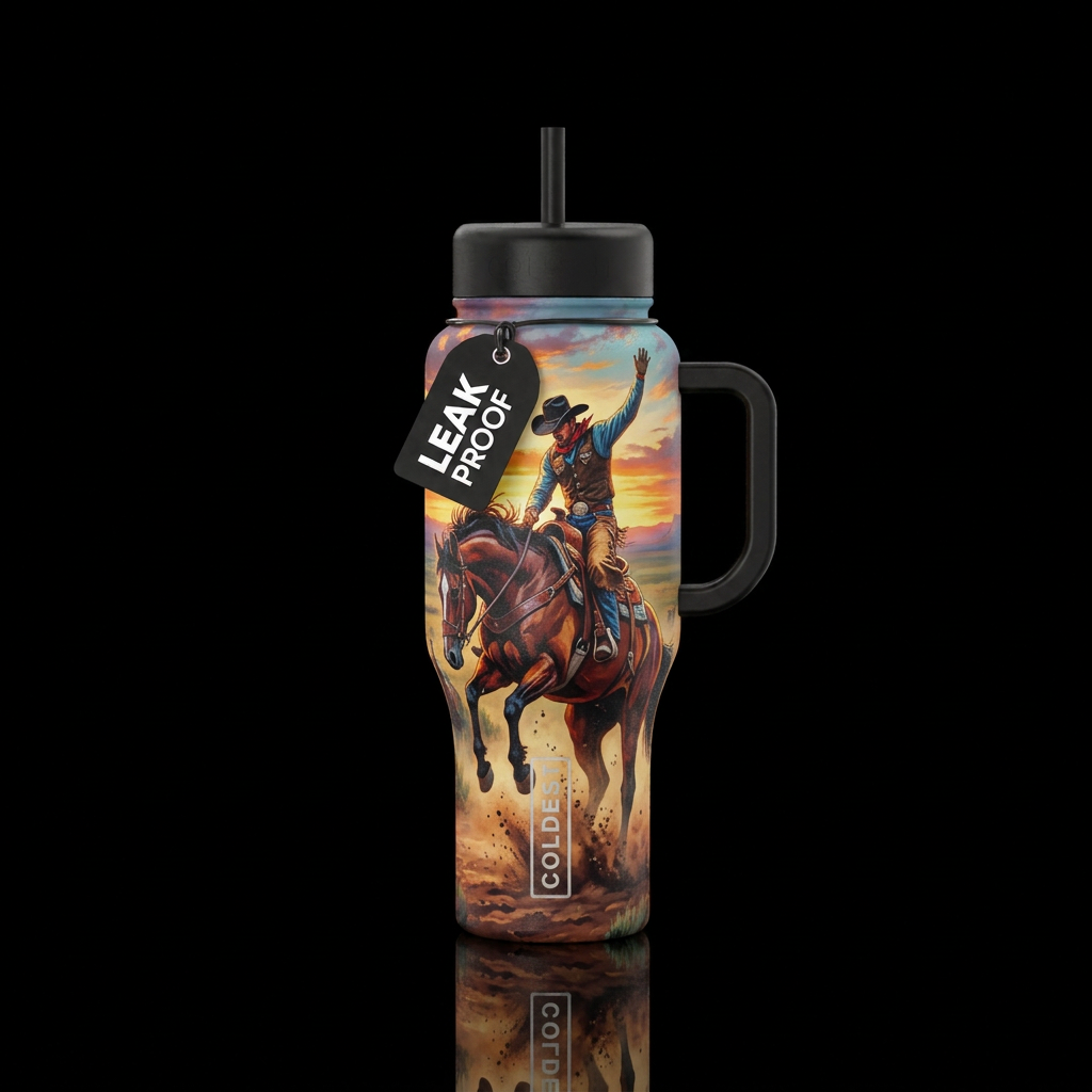 Cowboy riding a bucking horse with one hand in the... water bottle design