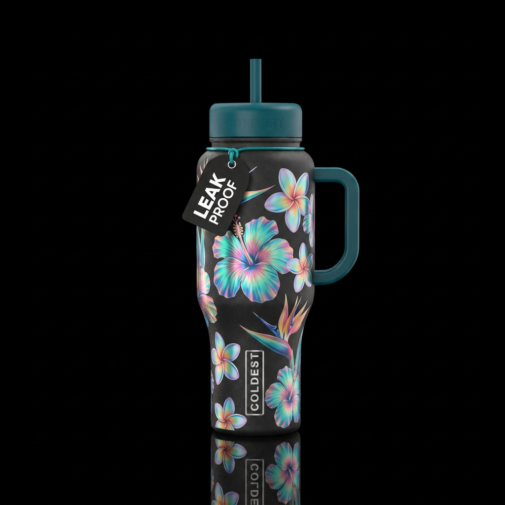 Iridescent Hawaiian flowers water bottle design