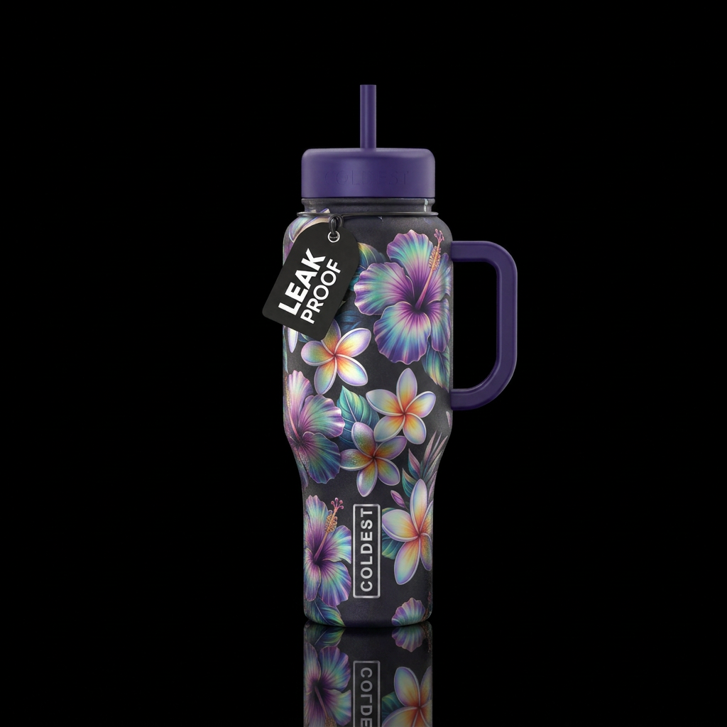 Iridescent Hawaiian flowers water bottle design