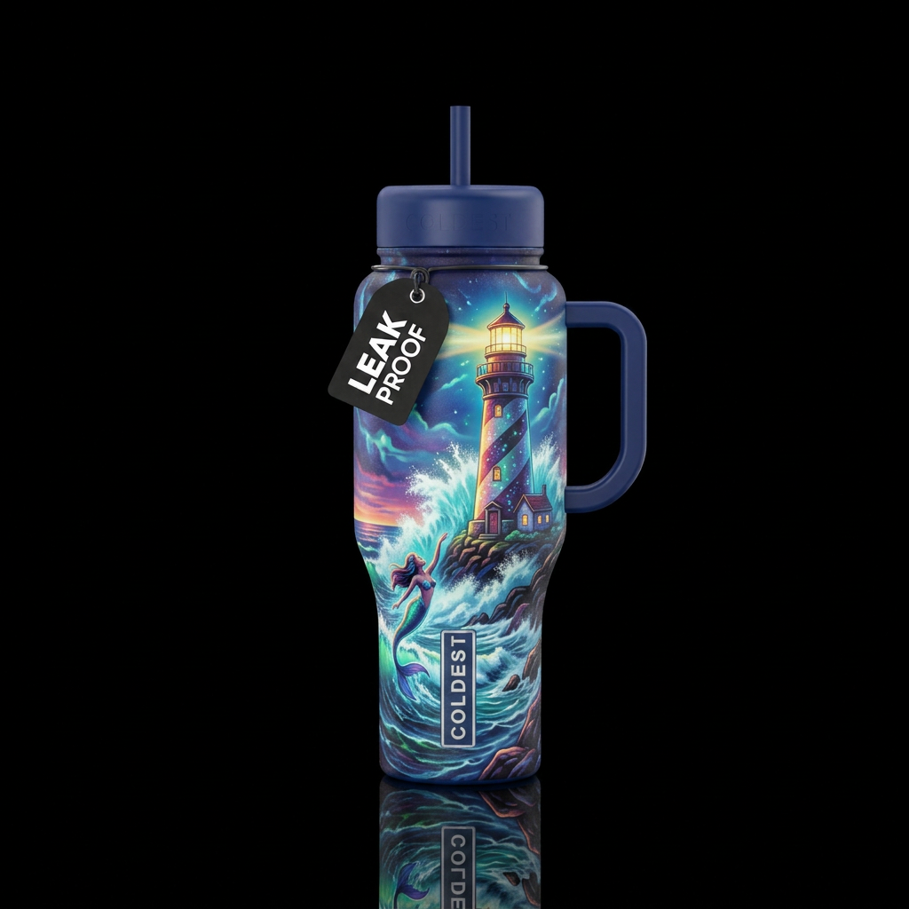 Glowie lighthouse with waves crashing against the ... water bottle design