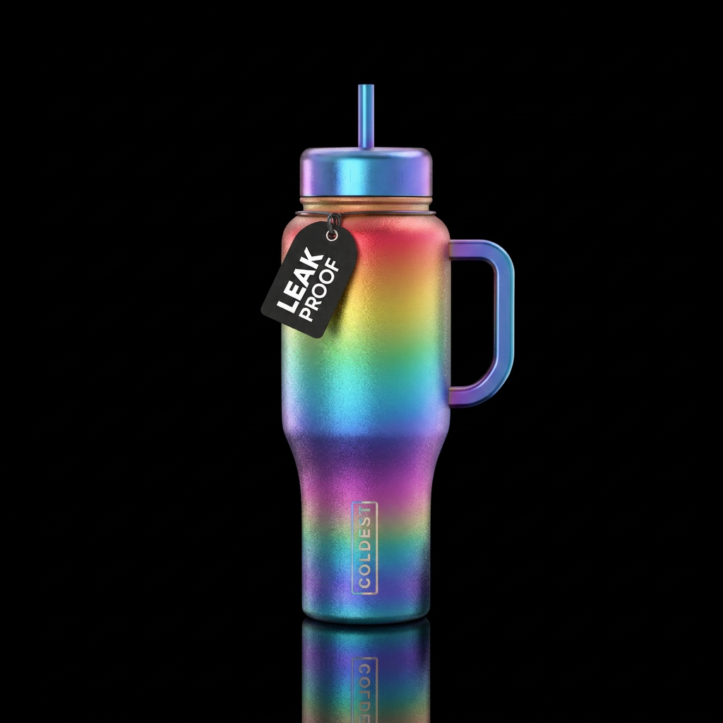 Iridescent rainbow wrapped all around the cup water bottle design