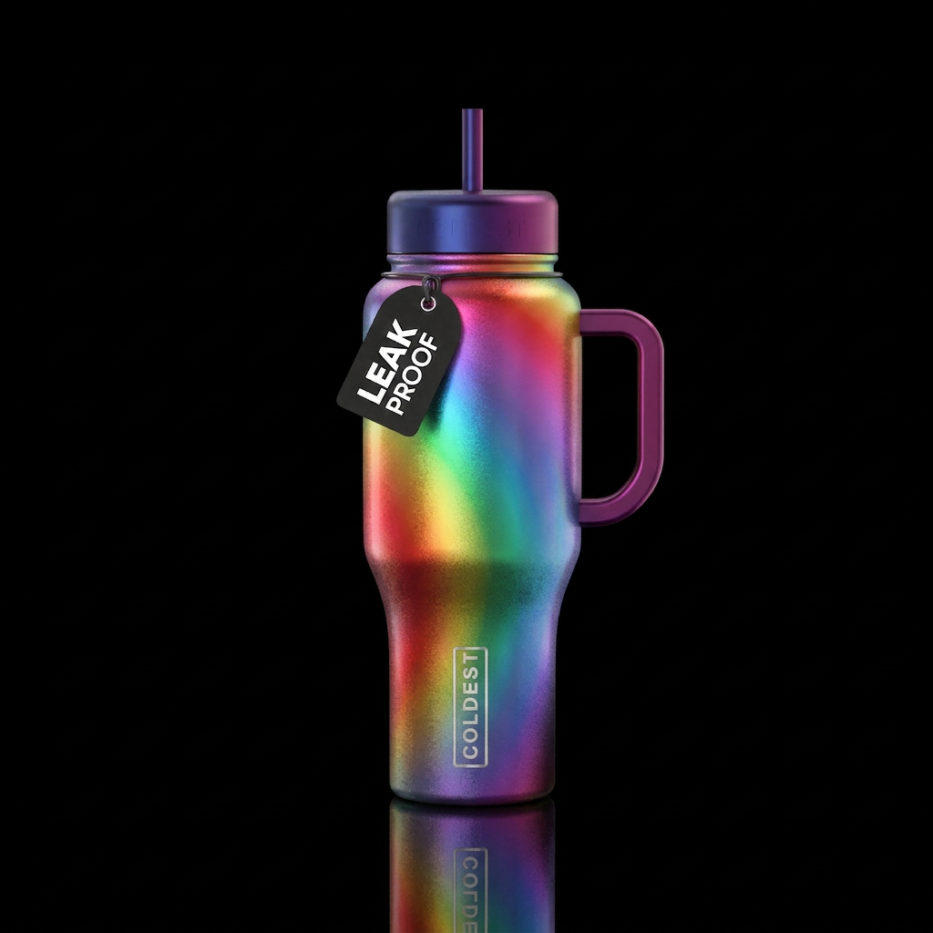 Iridescent rainbow wrapped all around the cup water bottle design
