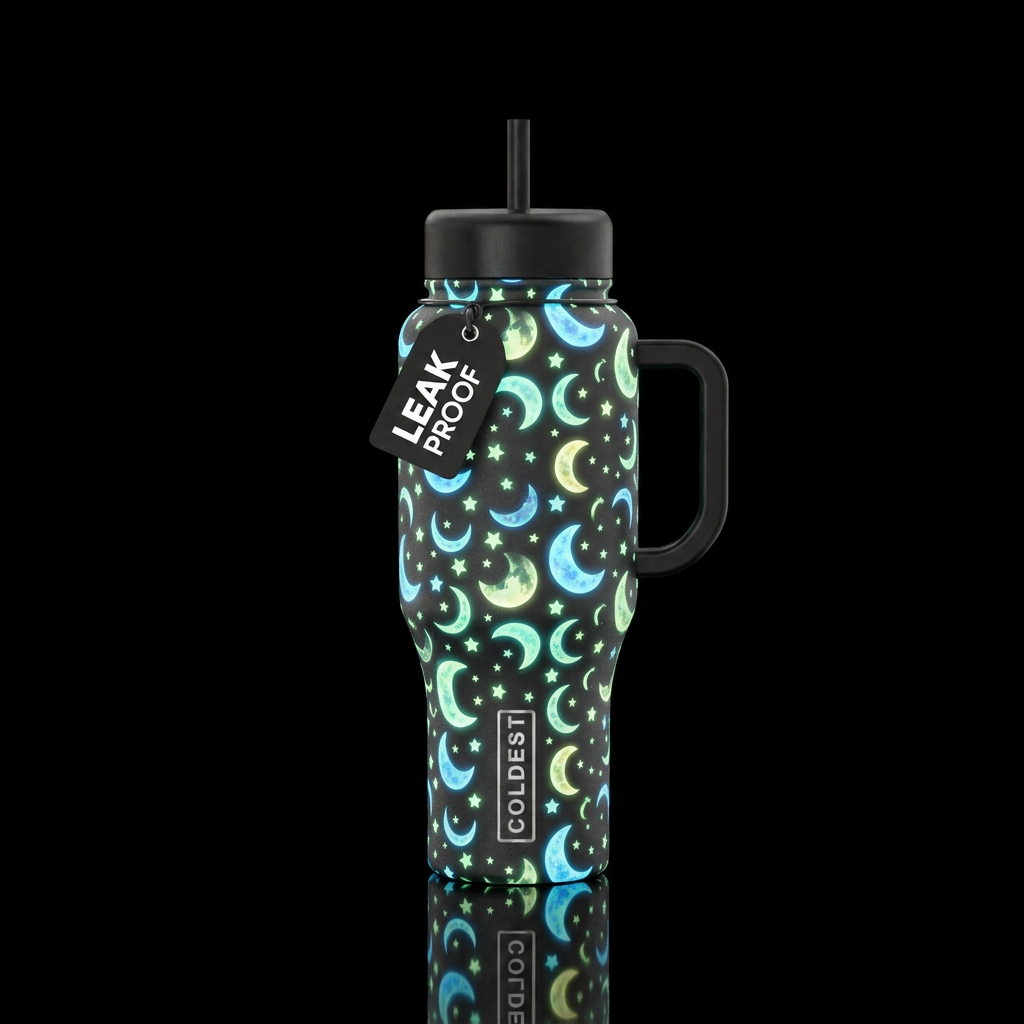 Glowie moon and stars all over water bottle design