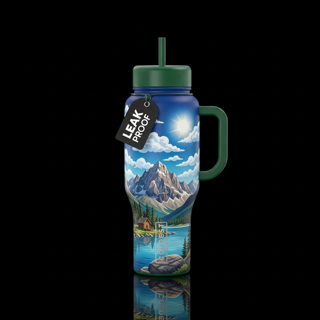 Fluffy clouds sun in the sky, mountain with a lake... water bottle design