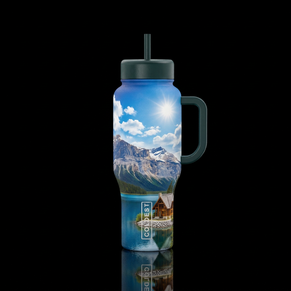 Fluffy clouds sun in the sky, mountain with a lake... water bottle design