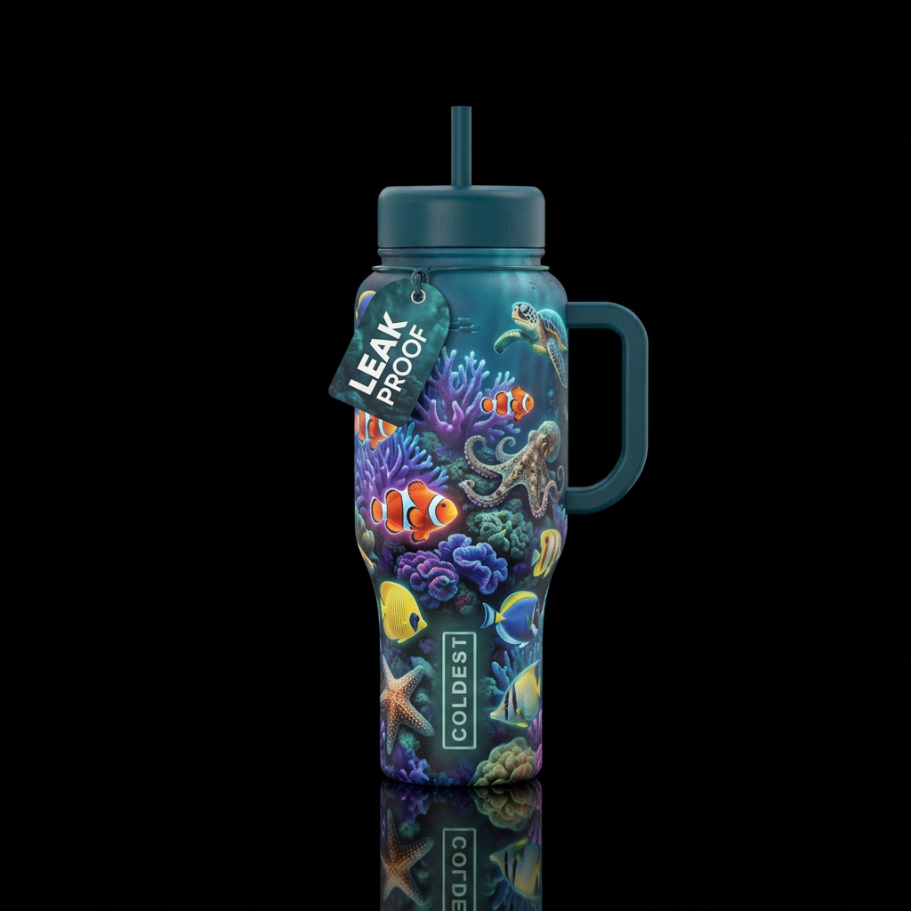Glowie coral reef and clown fish with octopus star... water bottle design