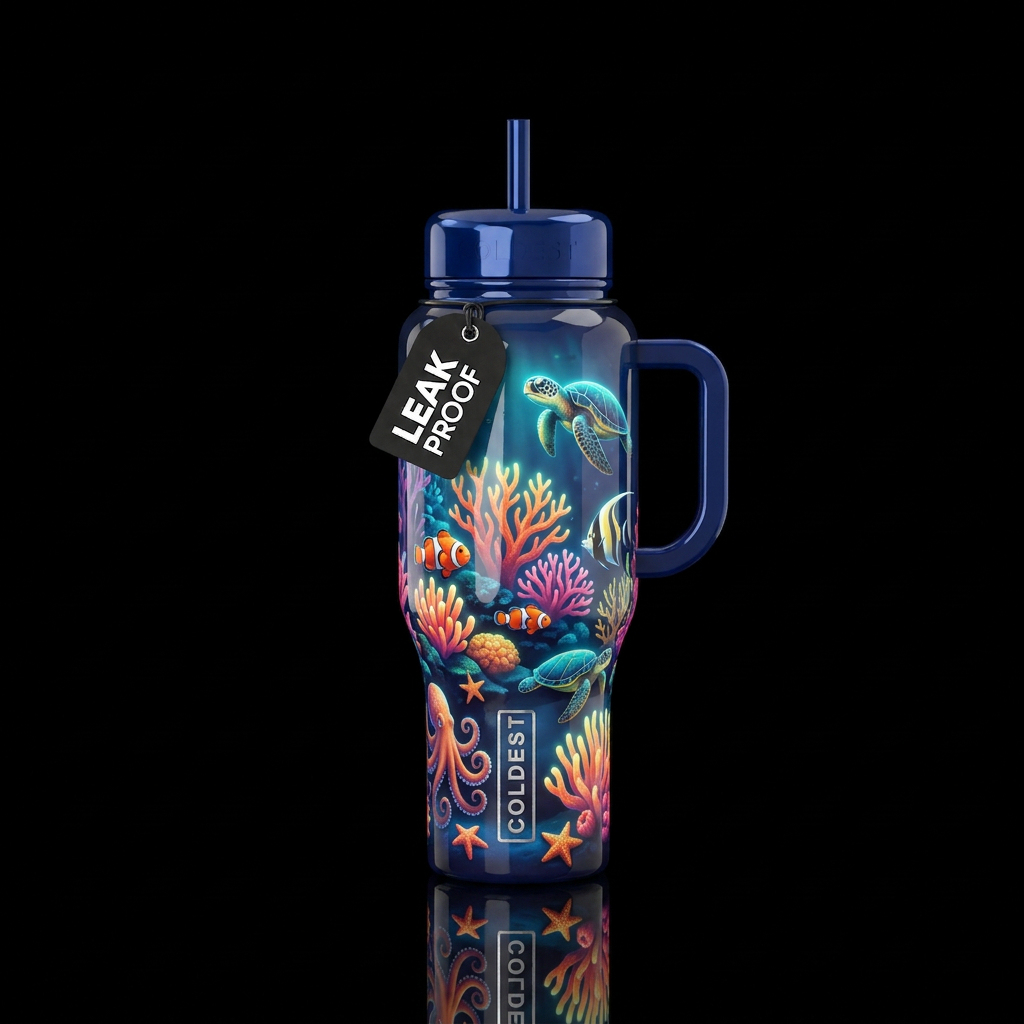 Glowie coral reef and clown fish with octopus star... water bottle design