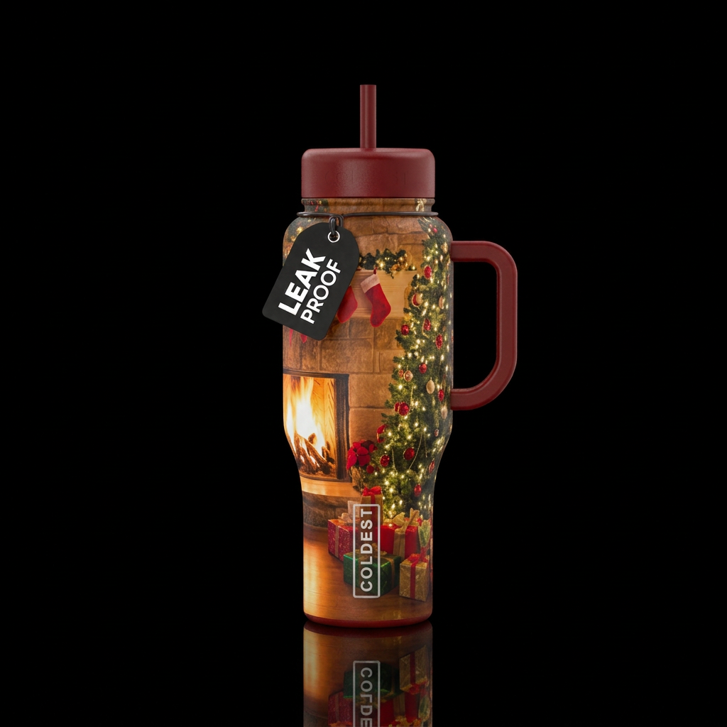Glowie fire in the fireplace next to the decorated... water bottle design