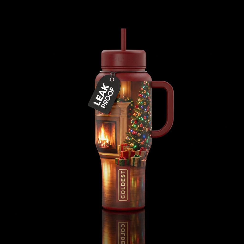 Glowie fire in the fireplace next to the decorated... water bottle design