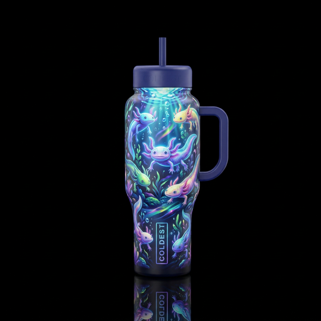 Glowie axolotls in the water water bottle design
