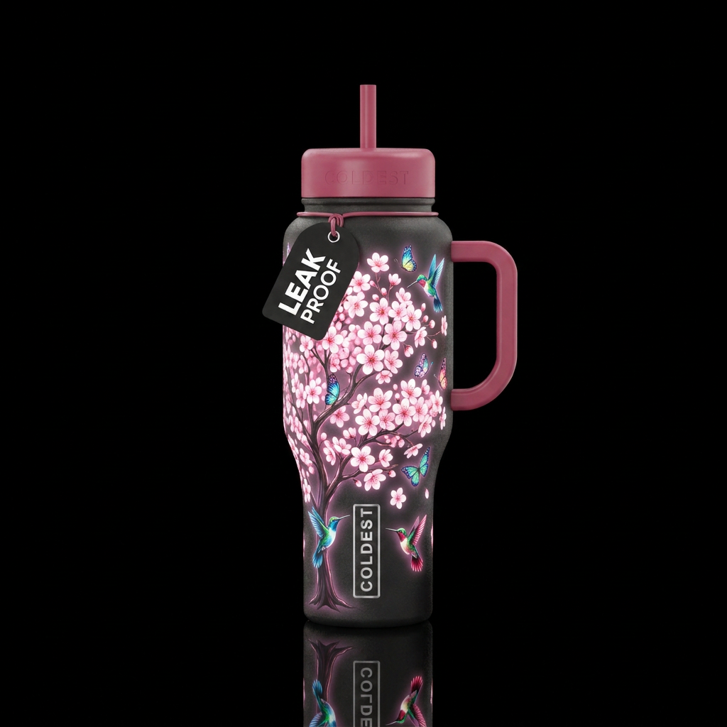 Glowie cherry blossom tree blooming with butterfli... water bottle design