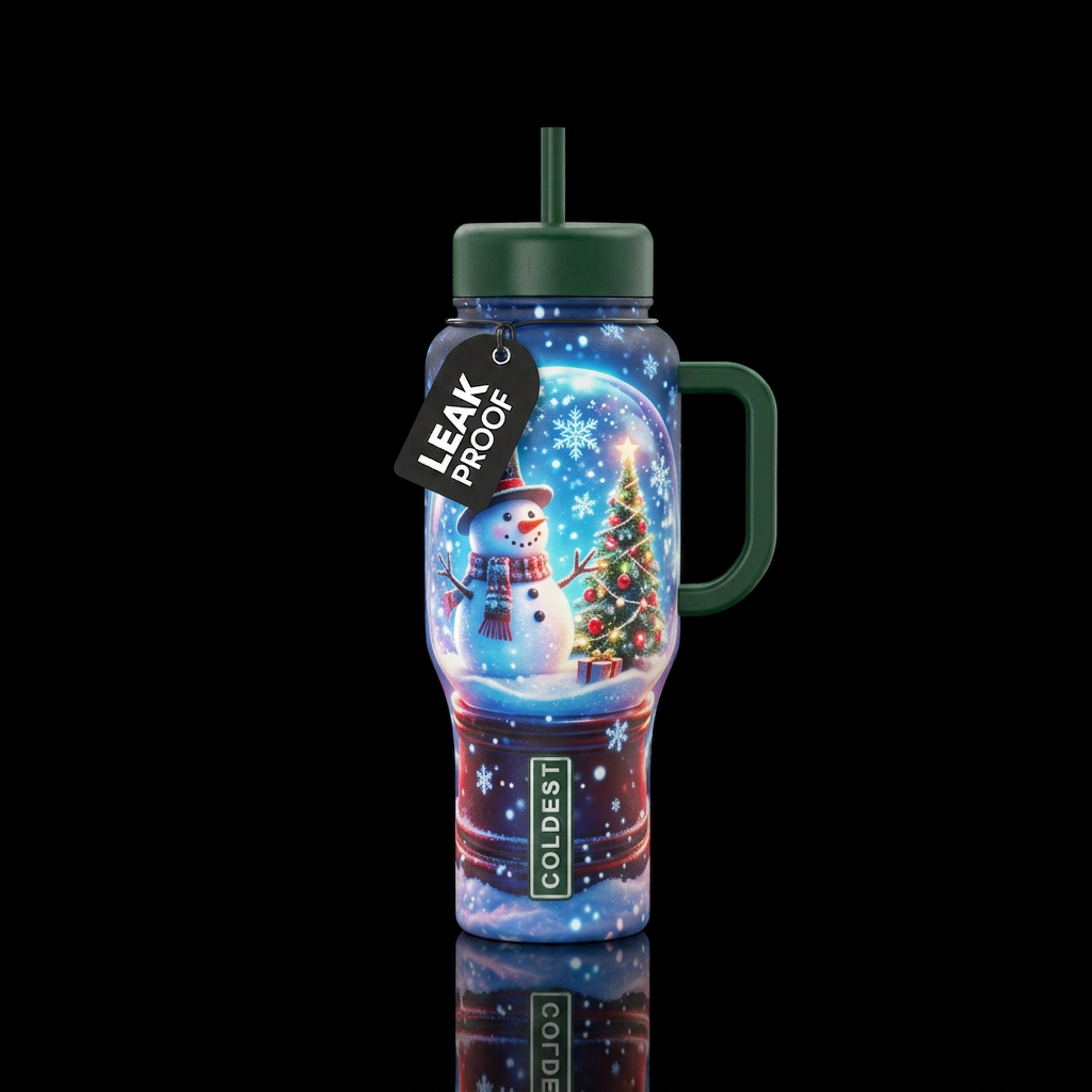 Glowie snowglobe with snowman Christmas tree and s... water bottle design