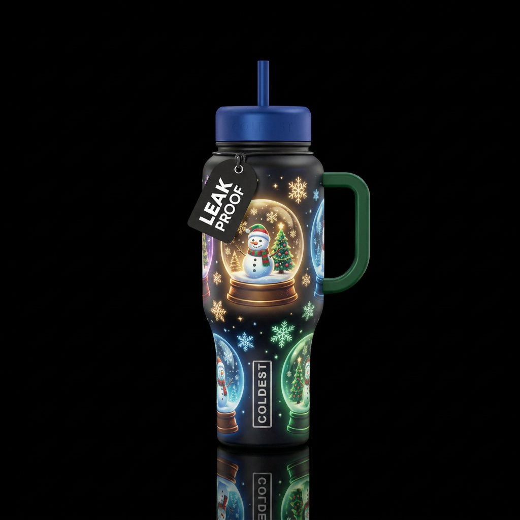 Glowie snowglobe with snowman Christmas tree and s... water bottle design