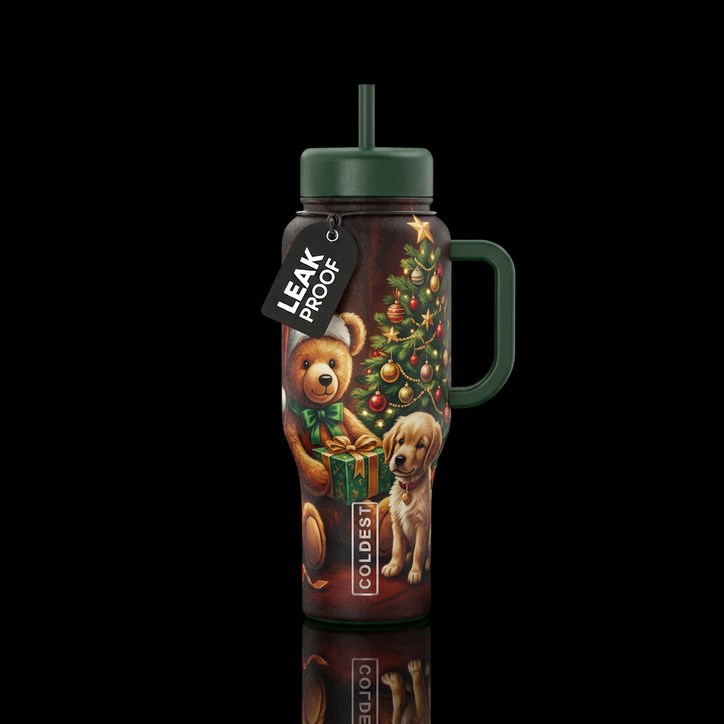 Christmas teddy bear with Christmas tree and puppy water bottle design