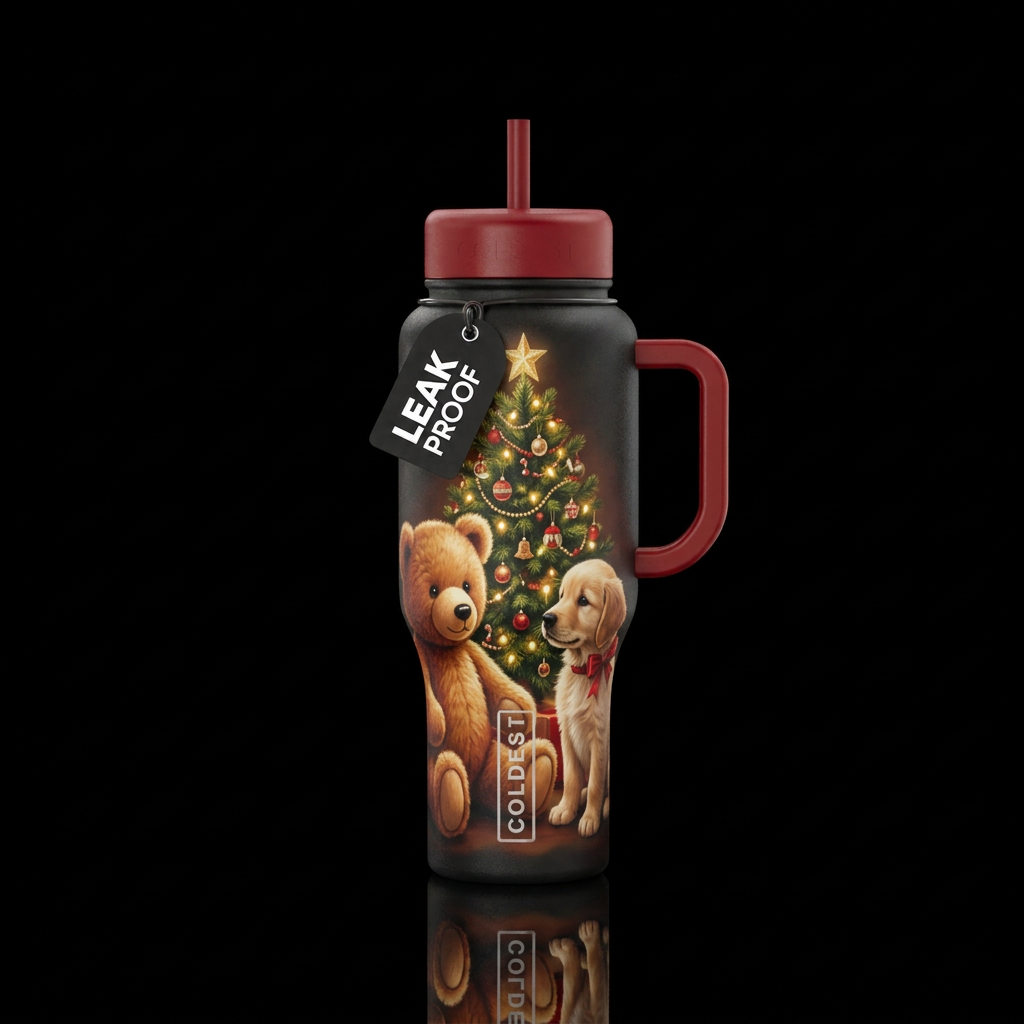 Christmas teddy bear with Christmas tree and puppy water bottle design