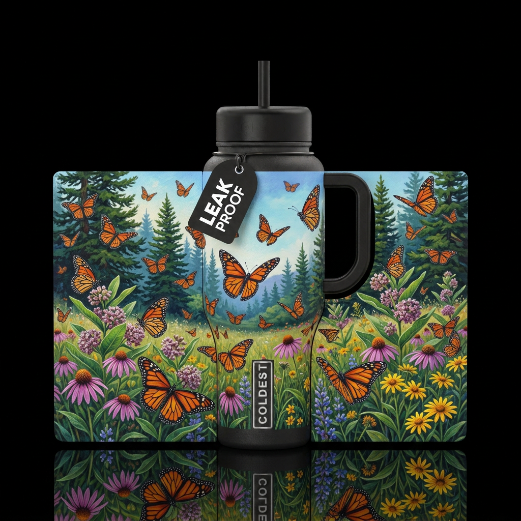 Monarch butterfly migration with trees and flowers water bottle design