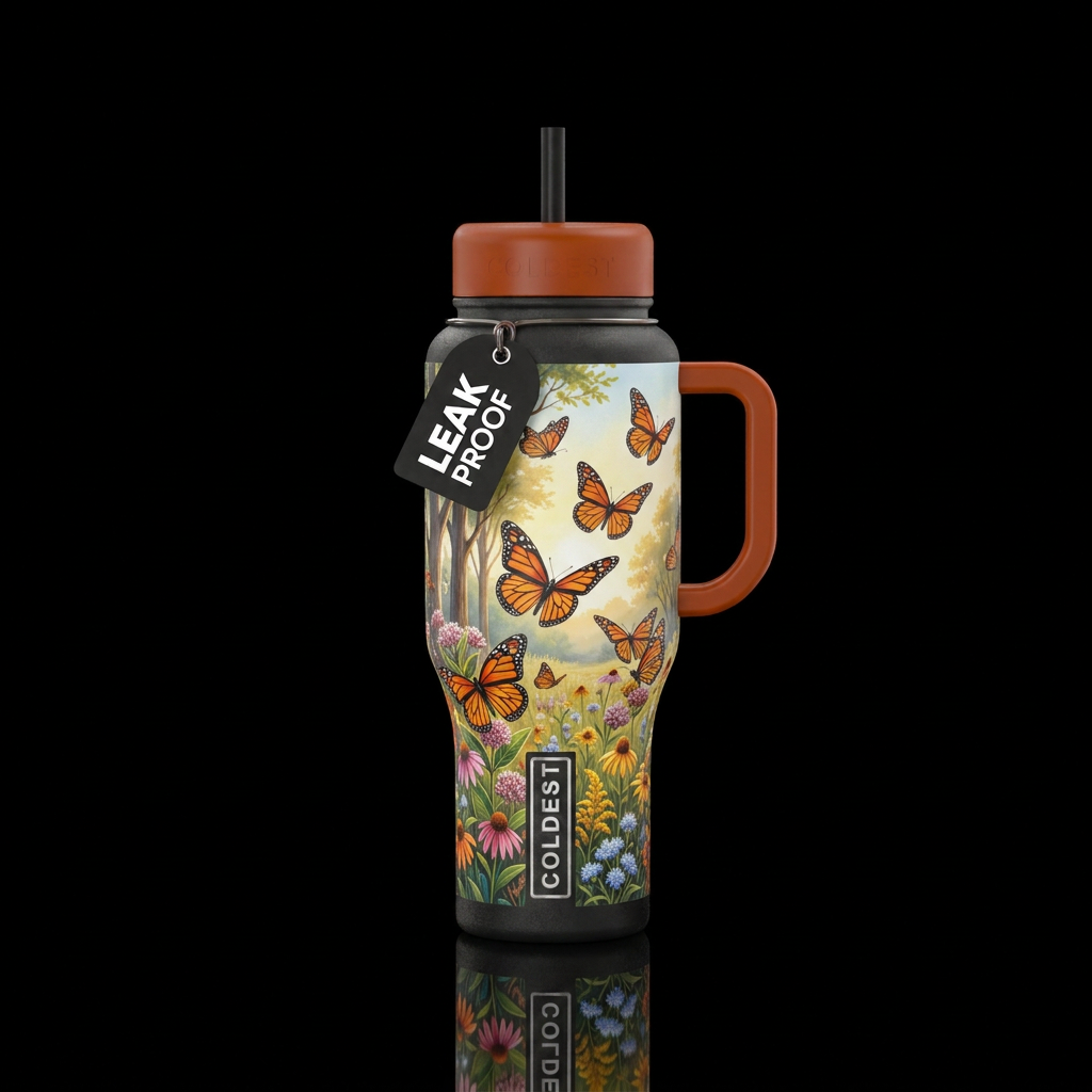 Monarch butterfly migration with trees and flowers water bottle design