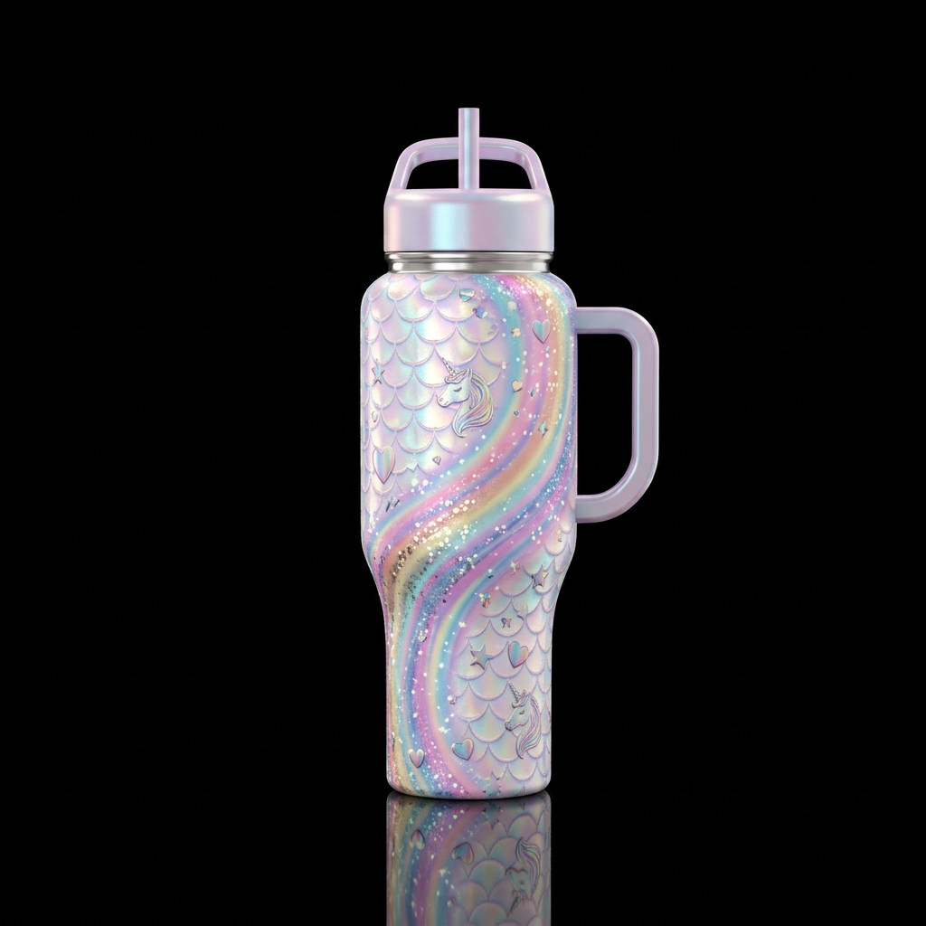Iridescent unicorn love water bottle design