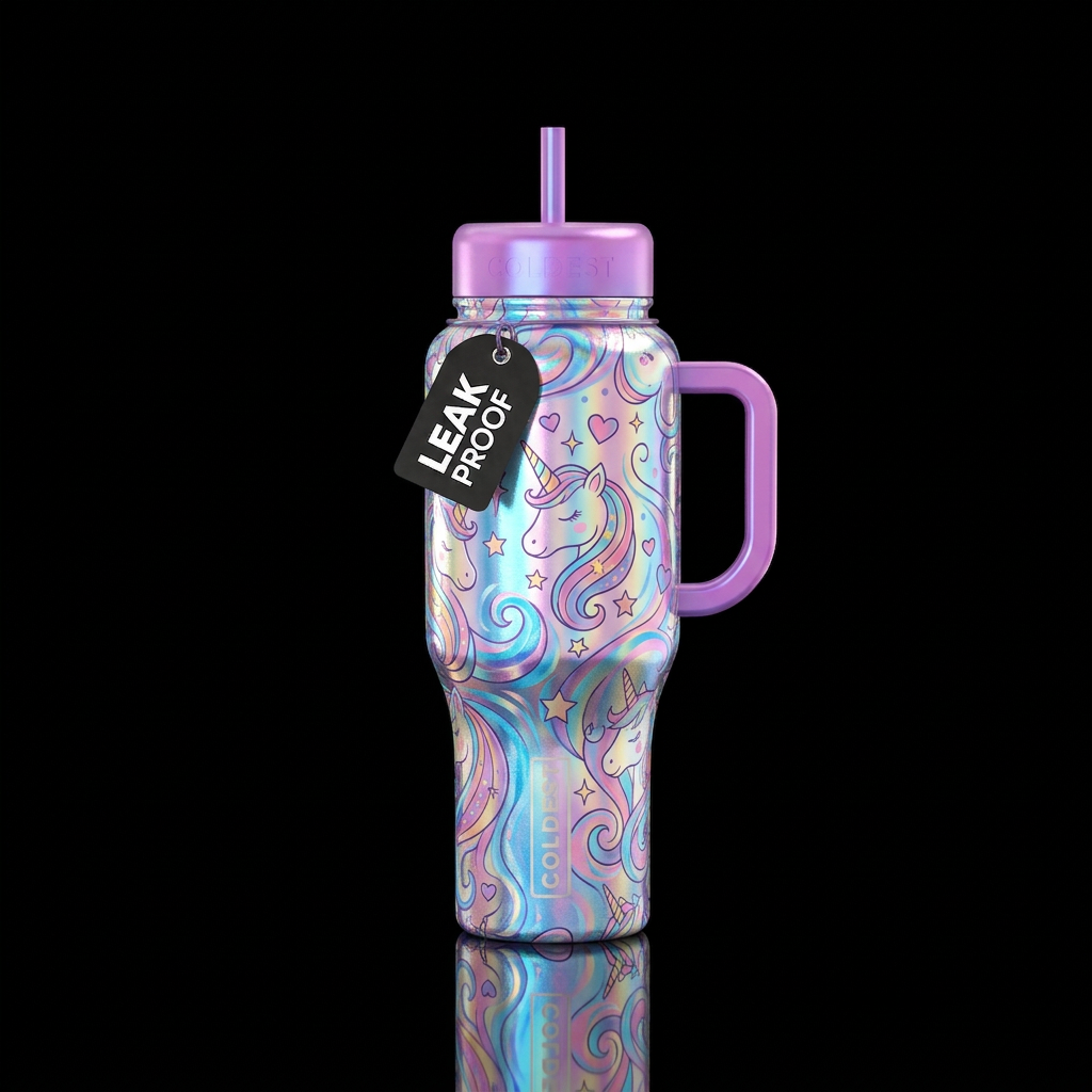 Iridescent unicorn love water bottle design