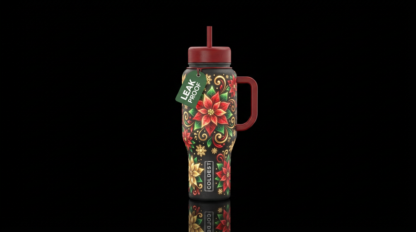 Glowie poinsettias swirls and snowflakes water bottle design