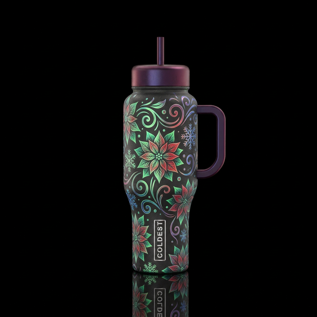 Glowie poinsettias swirls and snowflakes water bottle design