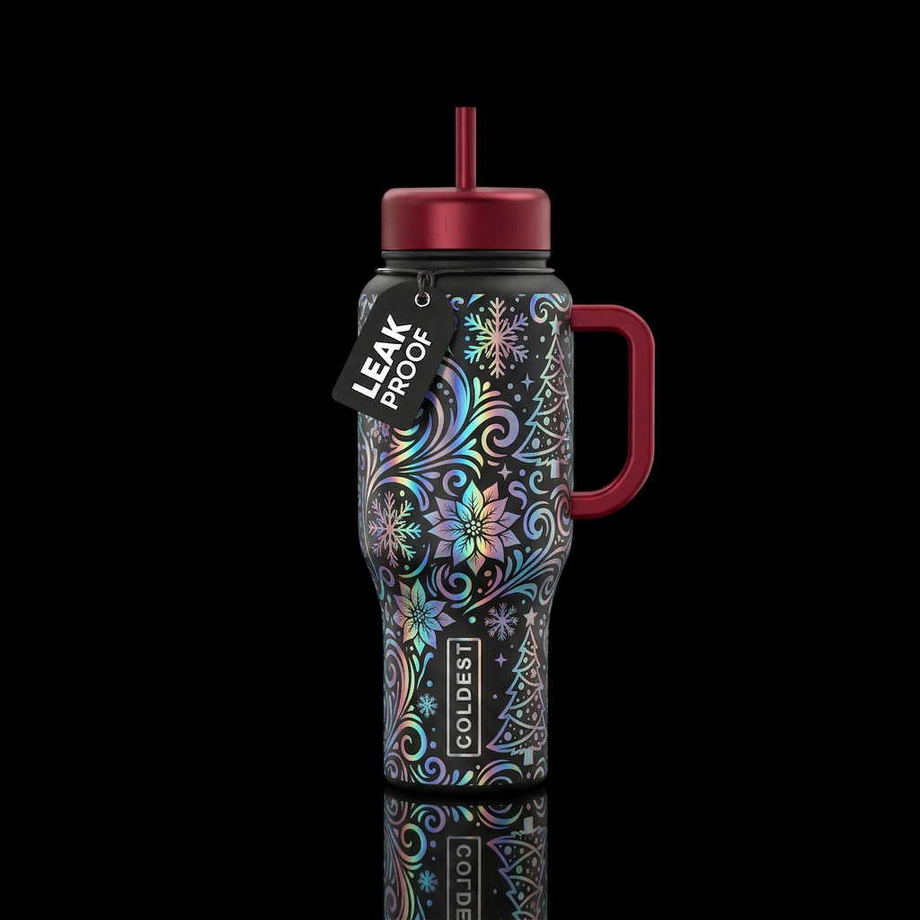 Holographic swirls snowflakes poinsettias and Chri... water bottle design