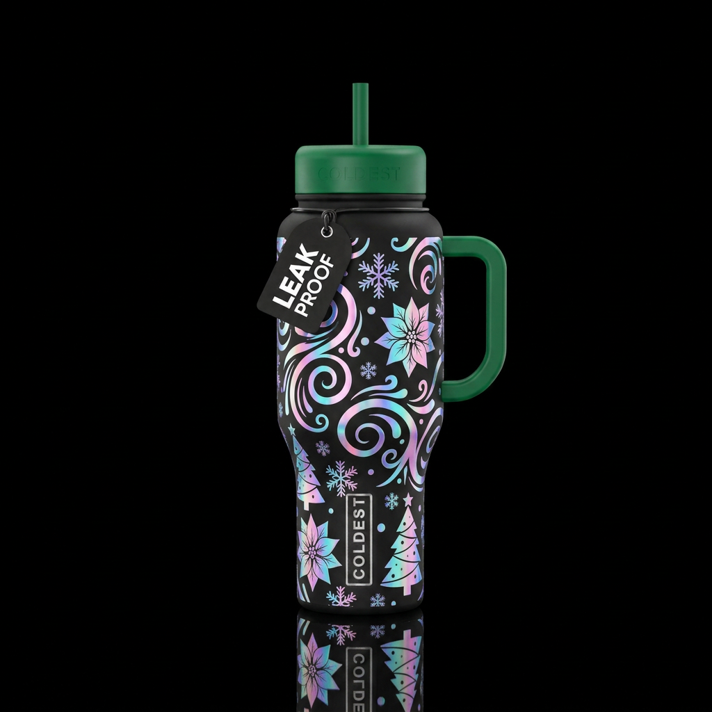 Holographic swirls snowflakes poinsettias and Chri... water bottle design