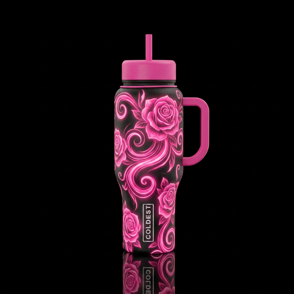 Glowie hot pink swirls and flowers roses water bottle design
