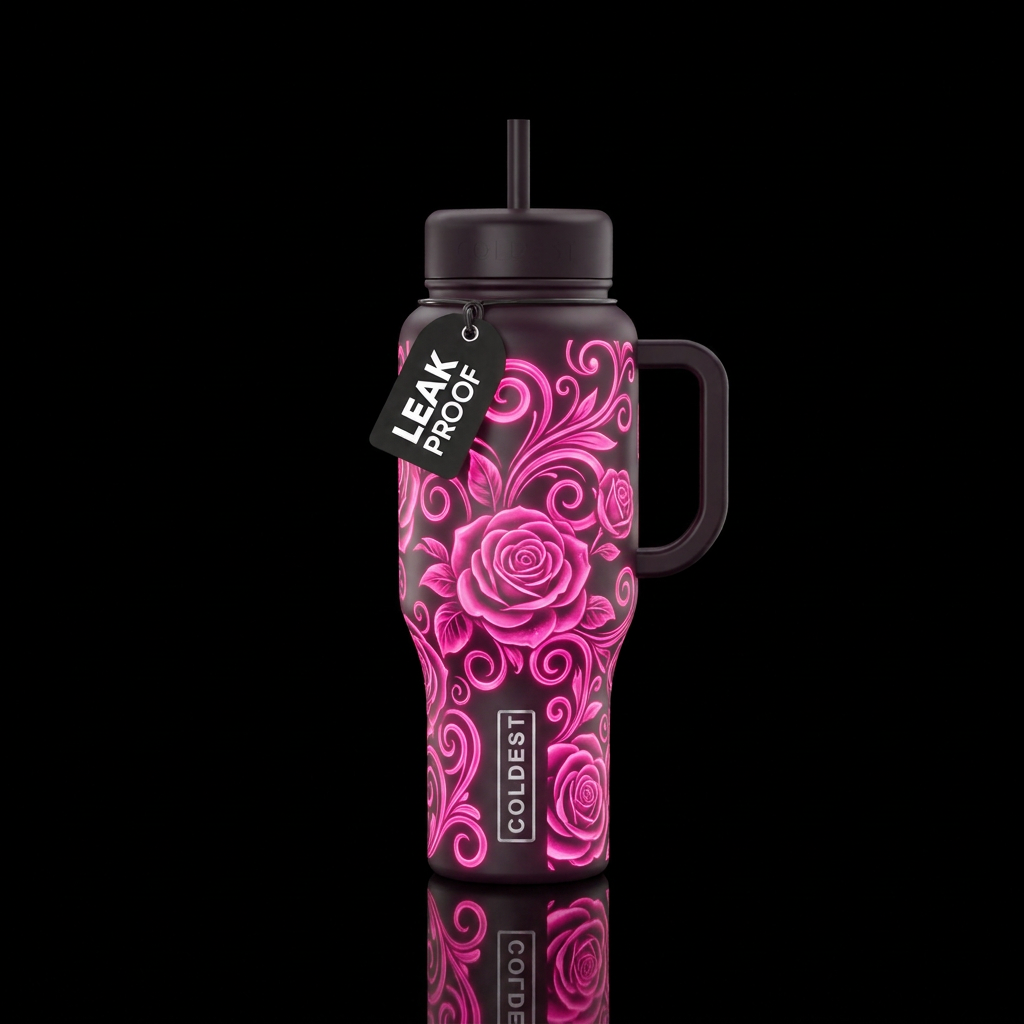 Glowie hot pink swirls and flowers roses water bottle design