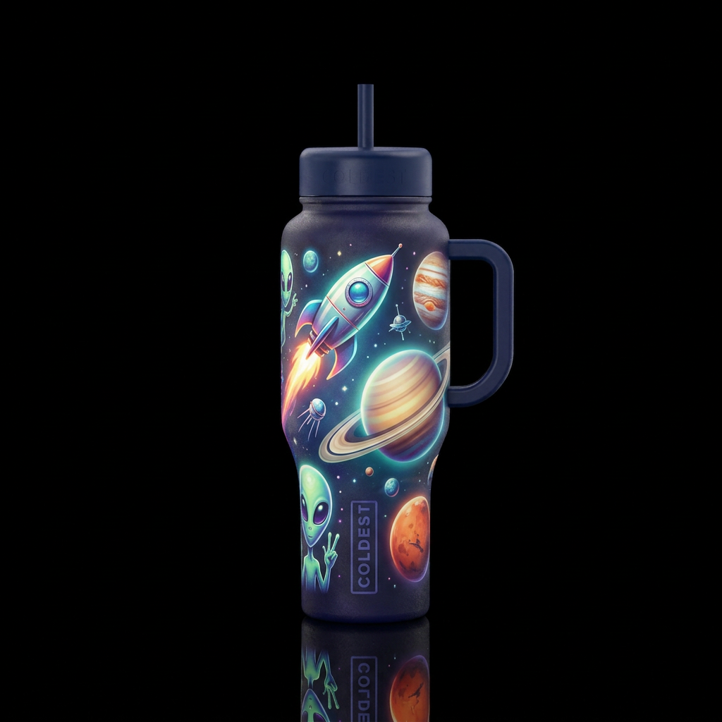 Glowie rocket with Saturn Jupiter mars and aliens water bottle design