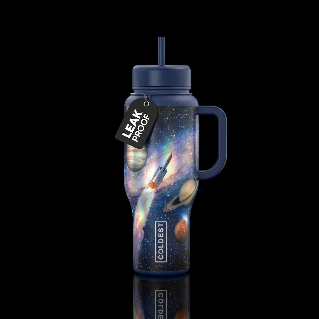 Holographic rocket with Saturn Jupiter mars and mi... water bottle design