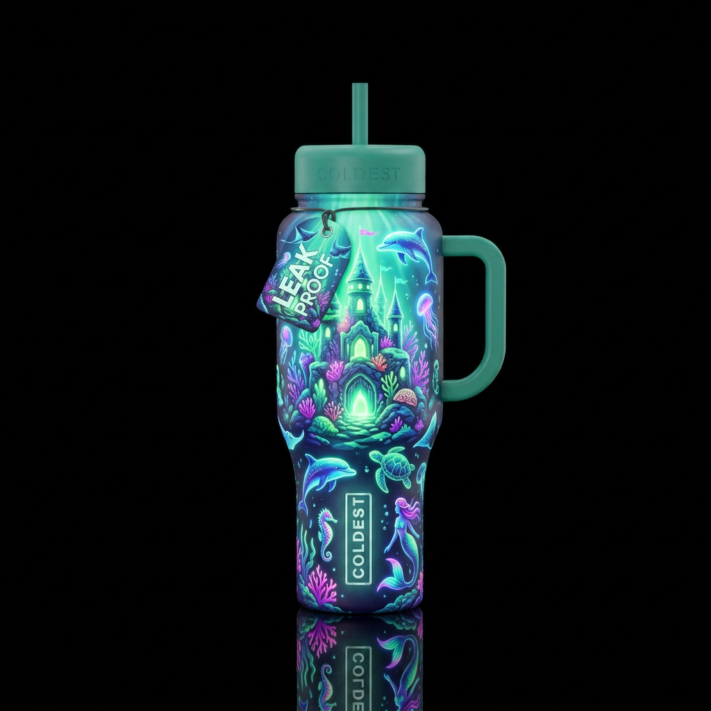 Glowie ocean castle with dolphins stingrays seahor... water bottle design