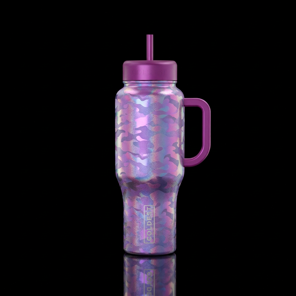 Iridescent purple pink and blue shimmery camouflag... water bottle design