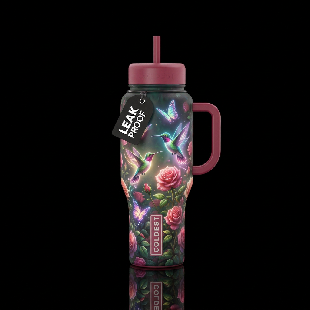 Glowie hummingbirds and butterflies in rose garden water bottle design