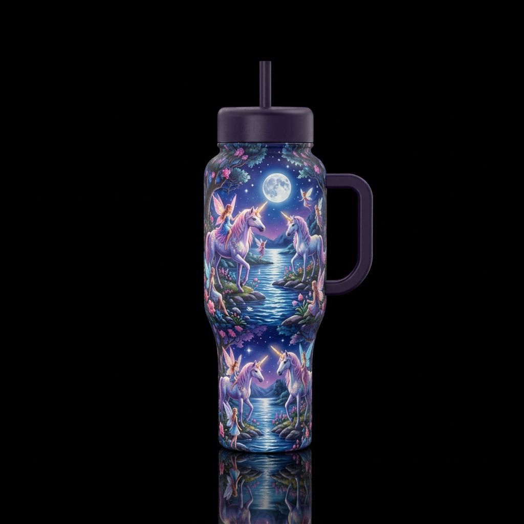Unicorns and fairies by the water in the moonlight water bottle design