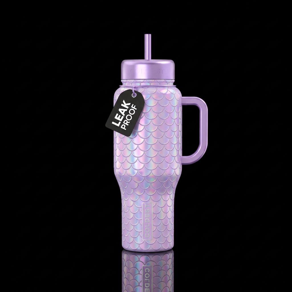 Iridescent pastel  purple mermaid scales water bottle design