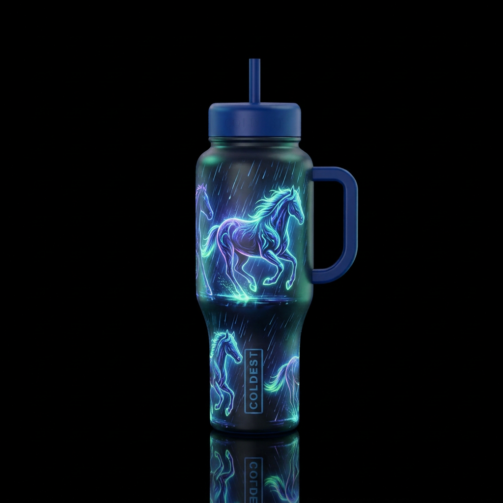 Glowie wild horses running in the rain water bottle design