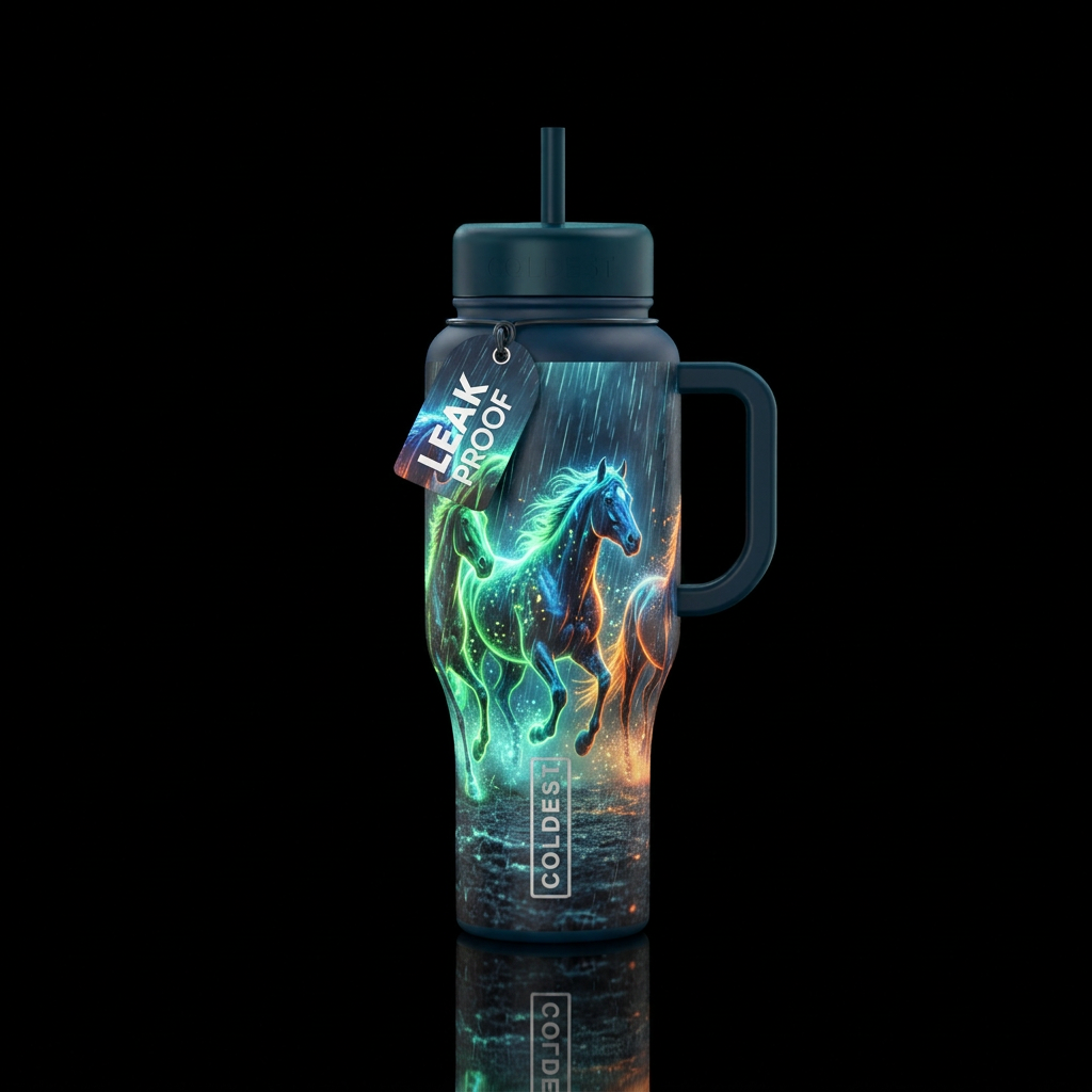 Glowie wild horses running in the rain water bottle design