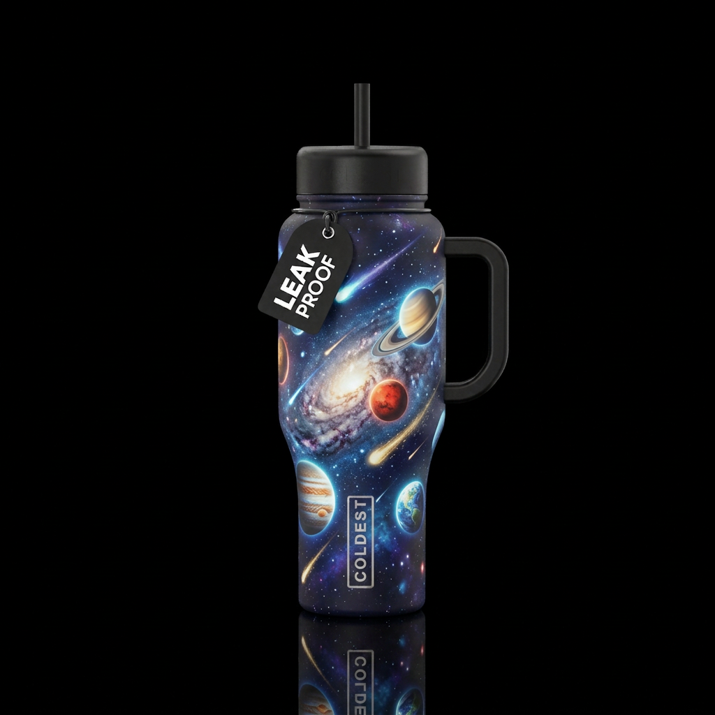 Glowie meteor shower with milky way Saturn mars Ju... water bottle design