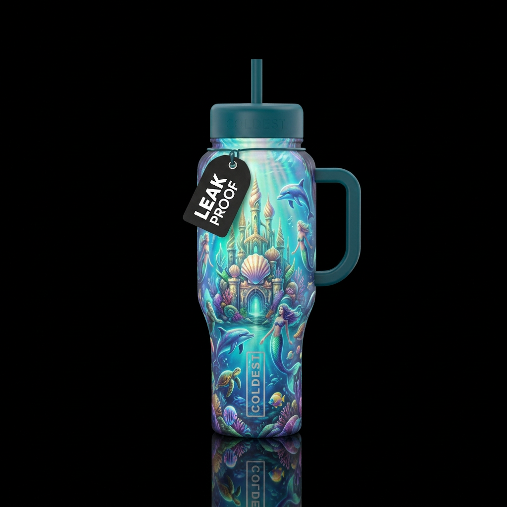 Glowie Atlantis with castle mermaids mermen dolphi... water bottle design