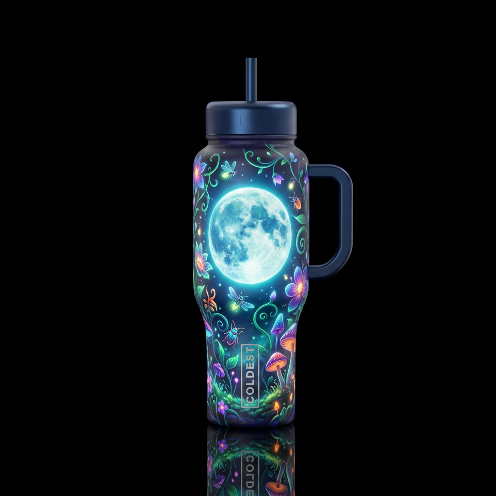 Glowie moon garden with full moon water bottle design