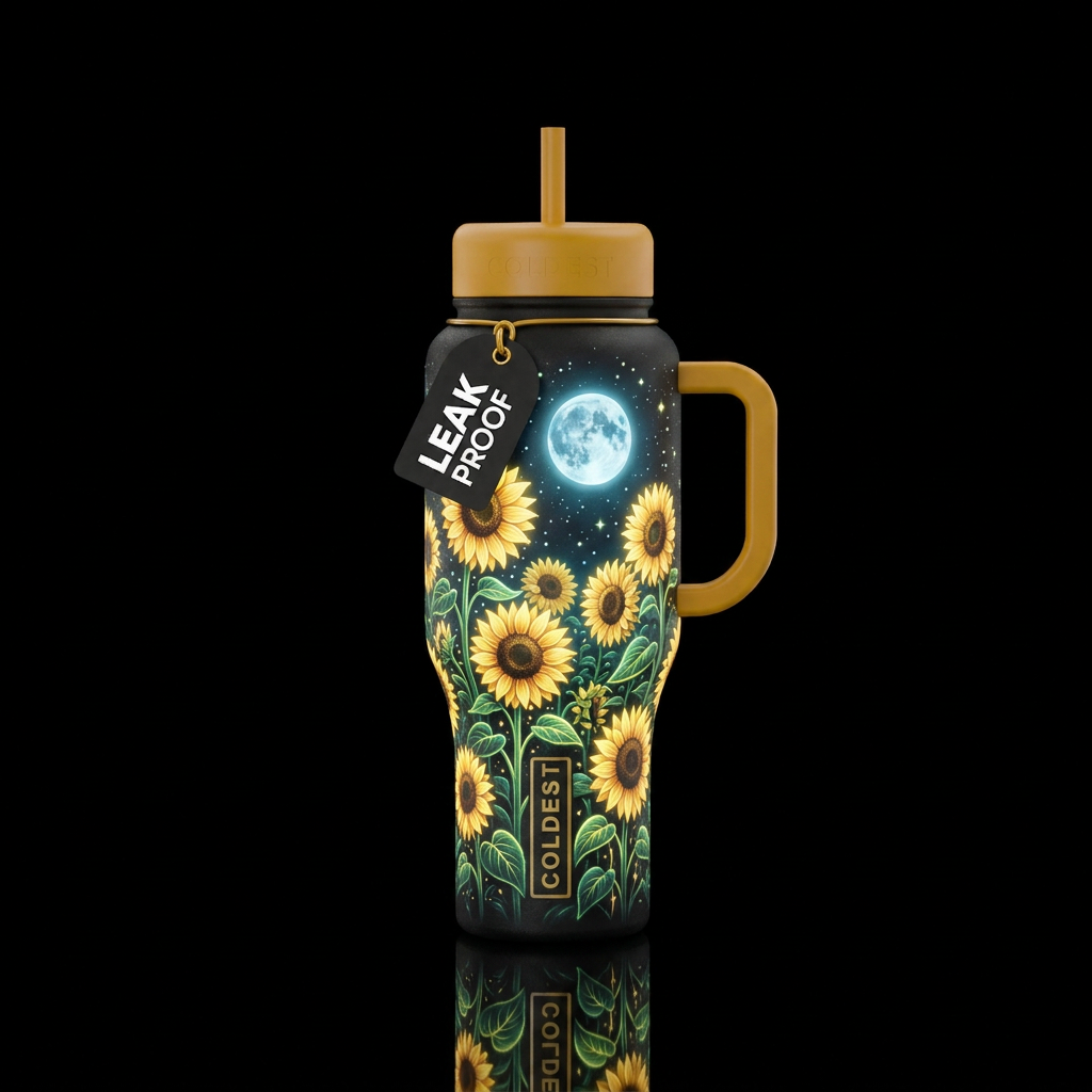 Glowie sunflower garden with full moon water bottle design
