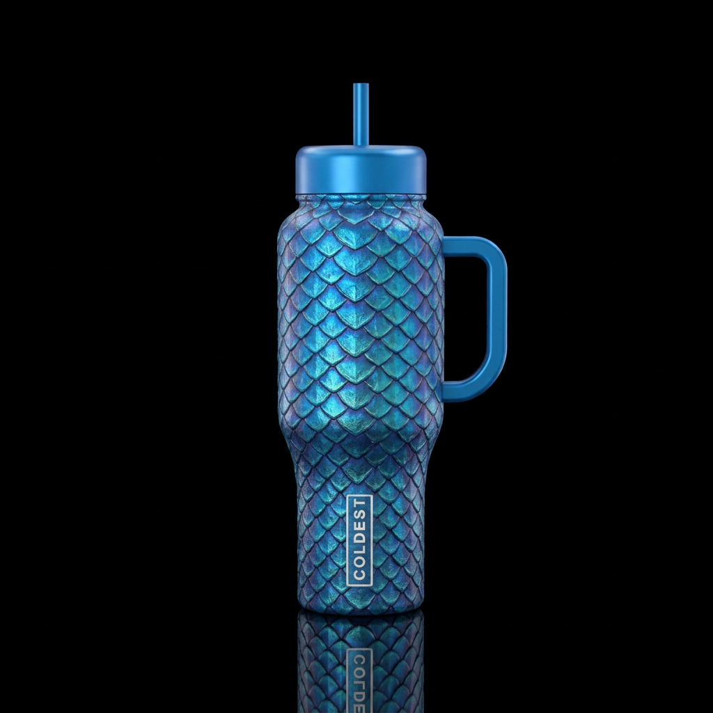 Iridescent cerulean blue dragon scales water bottle design