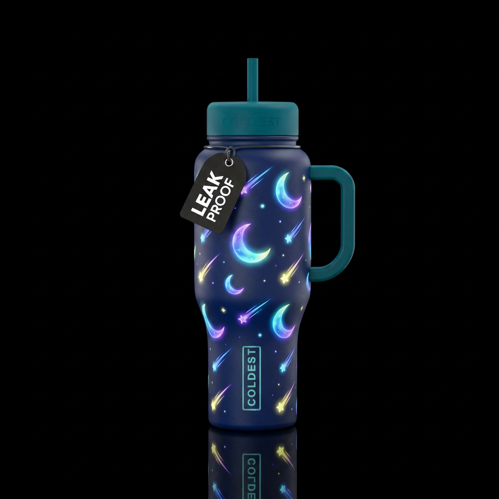 Glowie moons and shooting stars water bottle design