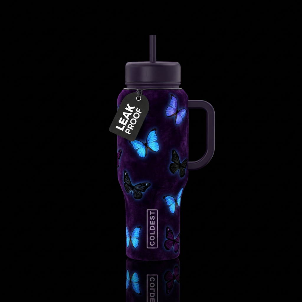 Velveteen glowie butterflies water bottle design