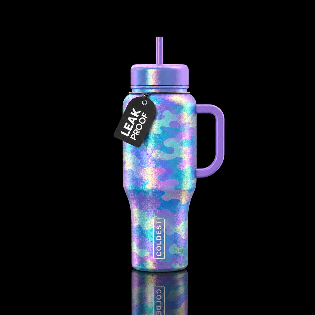 Iridescent mermaid camouflage water bottle design