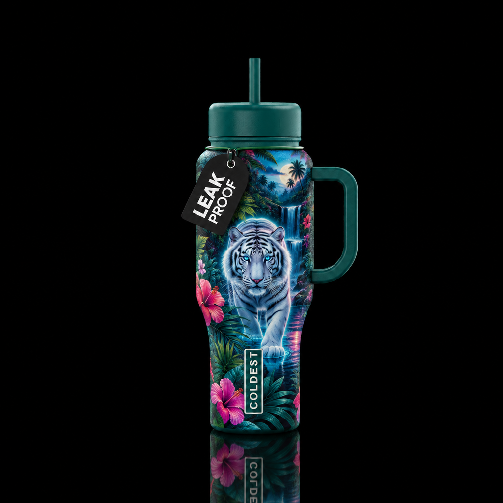 Glowie white tiger in a tropical garden with flowe... water bottle design