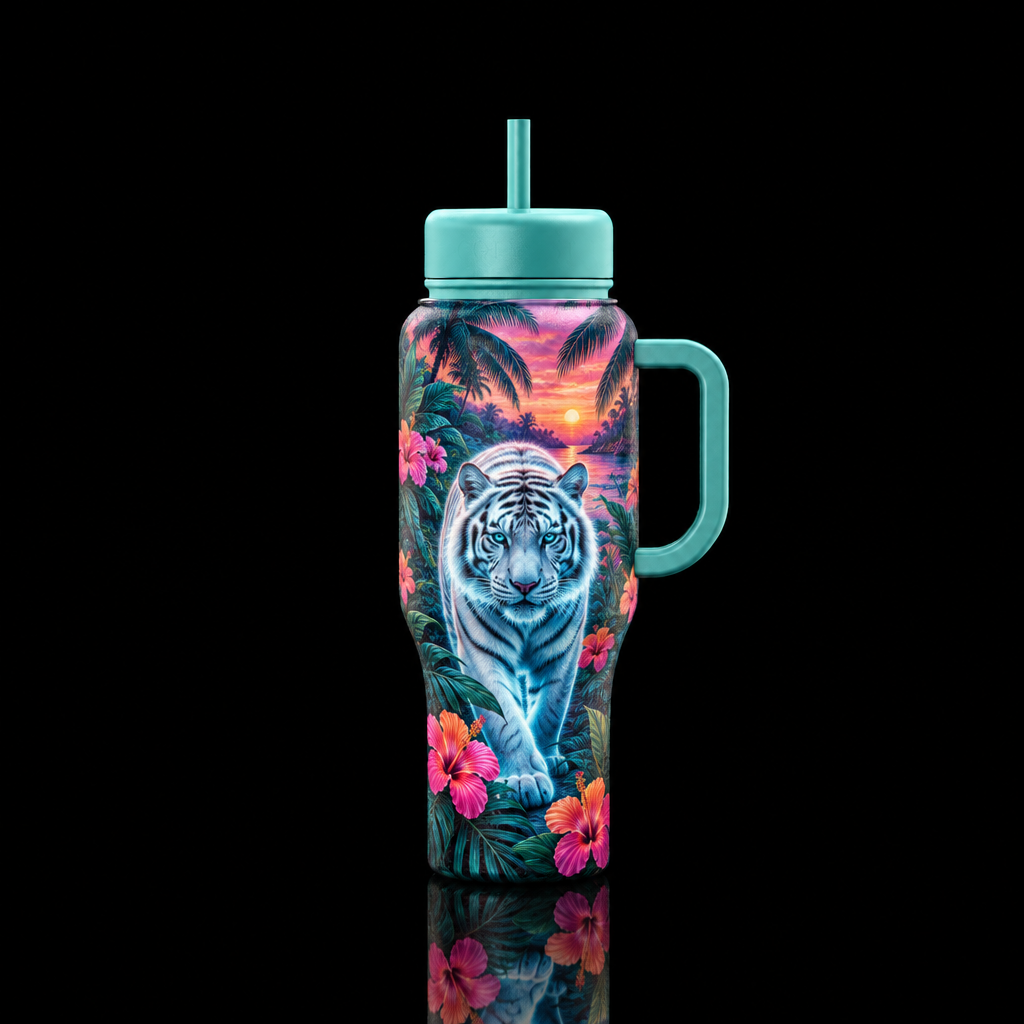 Glowie white tiger in a tropical garden with flowe... water bottle design