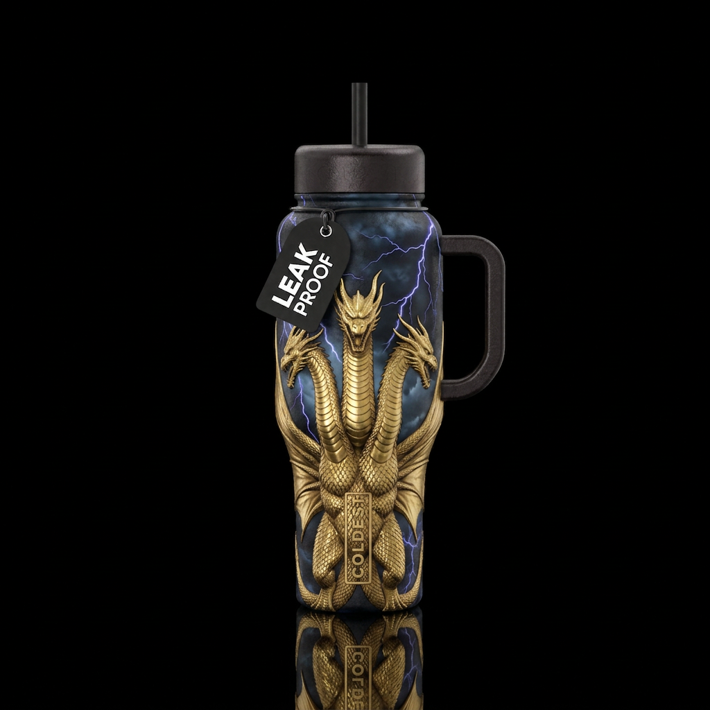 Gold 3 headed dragon, black lightning background, ... water bottle design
